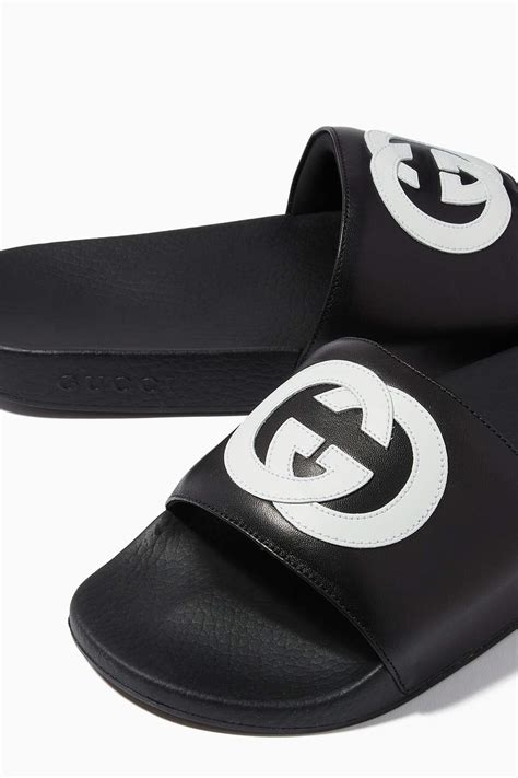 mens gucci leather slides|gucci interlocking slides.